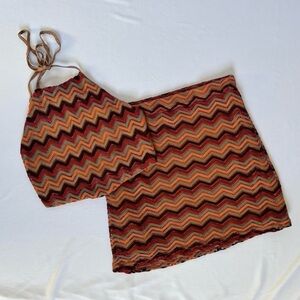 Multi coloured chevron print halter neck crop top and skirt set